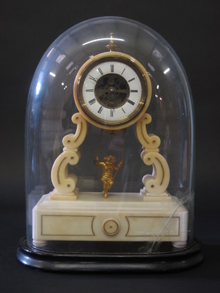A 19th Century time piece with enamelled dial and visible movement, contained in an alabaster case with cherub pendulum,  complete with dome, dome f,  ILLUSTRATED
