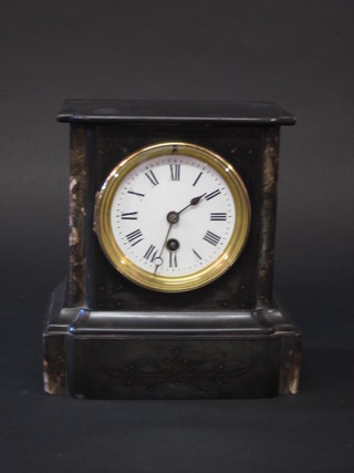 A Victorian 8 day French mantel clock with enamelled dial and Roman numerals contained in a black marble case