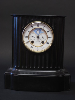 A 19th Century French 8 day mantel clock with calendar, hand,  date hand and phases of the moon, by A Brocot & Delettrez of  Paris contained in a black marble case   ILLUSTRATED