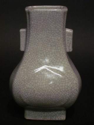 An Oriental crackle glazed twin handled club shaped vase, the  base with seal mark 11