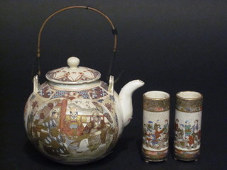 A pair of Japanese Satsuma Rollo style vases 4", 1 cracked and a  ditto teapot