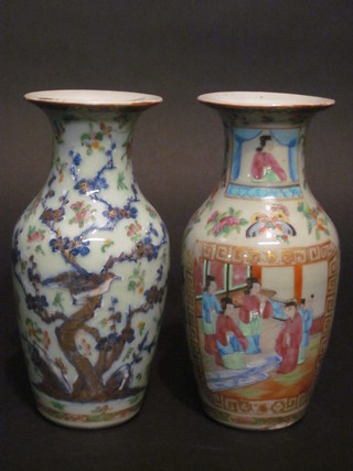 A pair of 19th Century Canton famille rose porcelain vases decorated court figures, 1 f and r, 9"