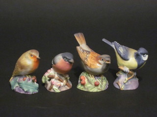 4 Royal Worcester porcelain figures of birds, Great Tit 3335, Sparrow 3236, Robin 3197 and Bull Finch 3228, 2"