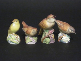 4 Royal Worcester porcelain figures of birds, Hedge Sparrow 3333, Wren 3198, Nightingale 3337 and Wood Warbler 3200, all  f, 2"