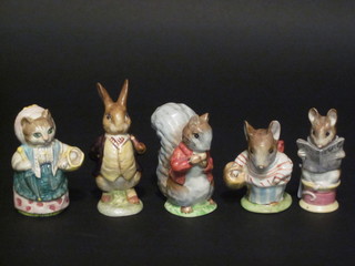 4 Beatrix Potter Bunnykins figures - The Tale of Gloucester, chip to base, Mrs Tittlemouse, Timmy Tiptoes and Mr Benjamin  Bunny, all with brown marks together with a Royal Albert  Bunnykins figure - Cousin Ribby