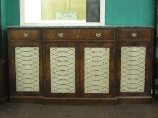 A Georgian style mahogany breakfront sideboard with veined green marble top, the base fitted 1 long and 2 short drawers  above triple cupboards enclosed by grilled panelled doors, raised  on a platform base 73"