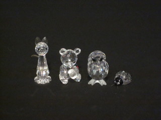 4 Swarovski crystal figures - ladybird 1", owl 2", cat 2" and a bear 1"