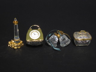 4 Swarovski crystal Memory figures - light house, travelling clock, trinket box and contents of gems and 2 glass bells