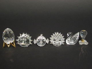6 Swarovski crystal figures - 2 hedgehogs, fish, swan, hot air balloon and an egg