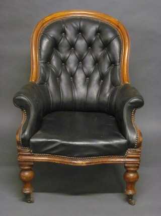 A Victorian mahogany show frame button back tub back chair upholstered in rexine  ILLUSTRATED