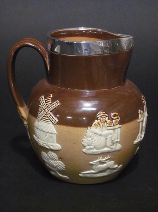 A Doulton Lambeth salt glazed hunting jug with silver rim 6  1/2"
