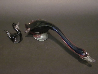 A large glass figure of a Goose 12" and 1 other of a duckling 5"
