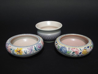 A circular Poole Pottery bowl with floral decoration, incised Poole England 221 6" and 1 other with dolphin mark 221 and a  circular dish marked Poole RPRD 4 1/2"