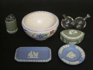 A Wedgwood green Jasperware table lighter, do. oval jar and  cover, do. pin tray and ashtray, together with a circular Poole  Pottery bowl, cracked, 7"