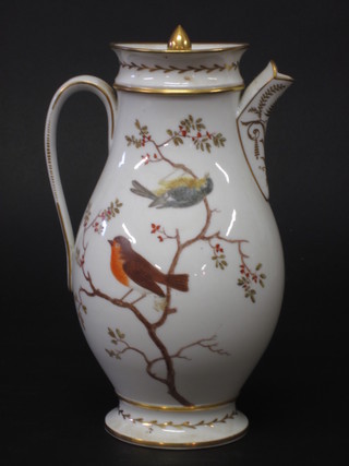 A 19th Century Continental porcelain hotwater jug decorated birds amidst branches 10"