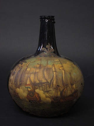 An antique glass bottle of club form painted a Naval engagement  and with armorial decoration 11"