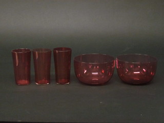 A pair of 19th Century cranberry glass finger bowls and 3  tumblers