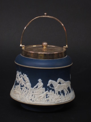 A Tunstal blue Jasperware biscuit barrel decorated a hunting  scene with silver mounts 6"