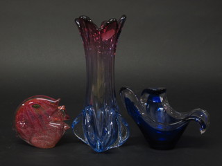 An Art Glass club shaped vase 10", a shaped bowl and a red  glass figure of a fish