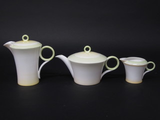 A 3 piece green glazed Shelley tea service comprising teapot, hotwater jug and cream jug, base marked Shelley RD 781613