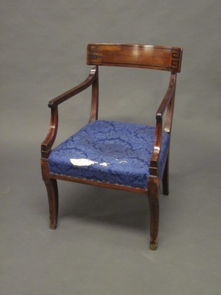A Biedermeier style mahogany bar back open arm chair, raised  on square supports