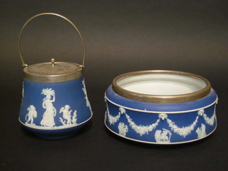 A Wedgwood blue Jasperware bowl with plated mount 8" together with a Wedgwood blue biscuit barrel with plated mounts