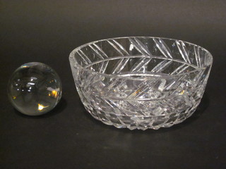 A circular cut glass bowl 8" and a crystal ball