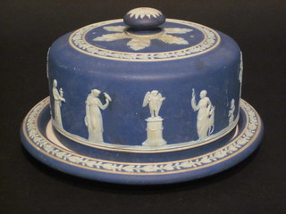 A circular blue Wedgwood Jasperware cheese dish and cover 9",  base chipped and cracked