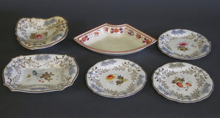 A Victorian 6 piece dessert service comprising rectangular dish, 2  shaped dishes and 3 plates, heavily damaged together with a  crescent shaped dish