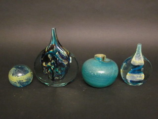 2 Murano style glass moon shaped vases 9" and 7", a Murano  green glass vase 5" and a paperweight 2"