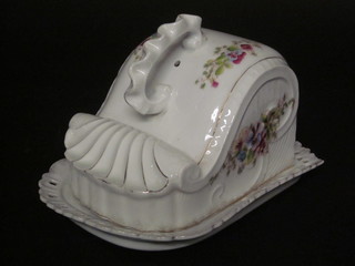 A 19th Century rectangular Continental porcelain cheese/butter dish and cover with floral decoration 9"