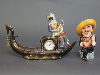 A Shorter & Son pottery character jug "American Joe" 10" and  an Italian pottery cased clock in the form of a gondola 11"