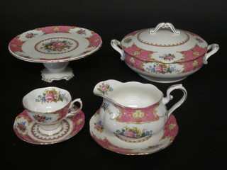 A 41 piece Royal Albert Lady Carlisle patterned dinner service comprising circular twin handled soup tureen 8", 6 dinner plates  10", 6 pudding bowls 6", 2 twin handled plates 9", an oval twin  handled dish 10", a comport 9", sauce boat and stand, 6 side  plates 6 1/2", sugar bowl and cream jug, salt and pepper pot, 6  cups and 6 saucers
