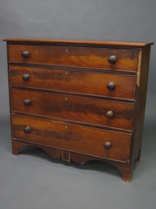 A 19th Century mahogany chest of 4 long drawers, raised on  bracket feet 47"