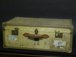A leather suitcase by John Pounds & Co of 268 Oxford Street,  with chrome fittings, 24" x 16" together with a rectangular  leather vanity case, no fittings 16" x 13"