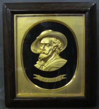A gilt painted plaster relief bust of Reubens, contained in a scaglio finished frame 15" x 13"