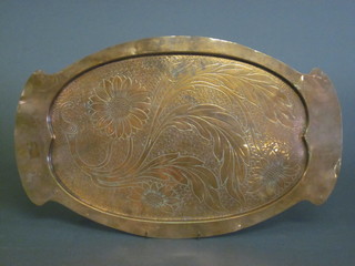 An Art Nouveau copper twin handled tray engraved flower  heads, the reverse marked Beldrau Solid Brass, 20"