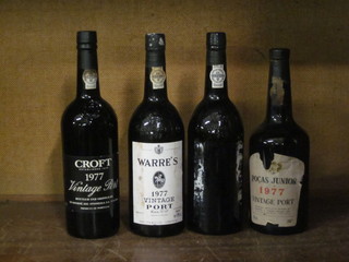 A bottle of 1977 Croft vintabe port, a bottle of 1977 Pocas Junior vintage port and a bottle of 1977 Warres vintage port