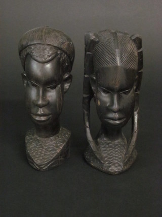 A pair of carved Eastern head and shoulders portrait busts of Natives 9"