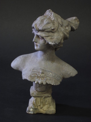 An Art Nouveau spelter head and shoulders portrait bust, the reverse marked RQUQ, 8"  ILLUSTRATED