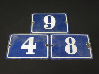 3 blue and white enamelled numerals plaques 7", 4, 8 and 9