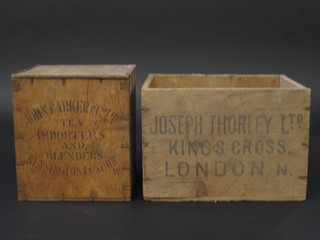 A miniature advertising tea chest for John Barker & Co Ltd Tea Importers 8" together with a rectangular wooden box marked  Joseph Thorley Ltd Kings Cross