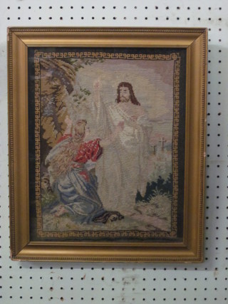 A Berlin woolwork panel depicting Christ 14" x 11" in a gilt  frame and a machine made panel