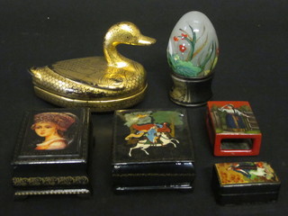 3 Russian lacquered boxes, do. match slip, napkin ring,  lacquered trinket box in the form of a duck and a lacquered egg  painted a hare