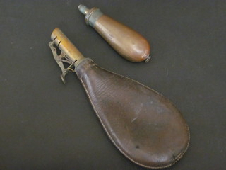 A copper powder flask 3 1/2" and a leather shot flask