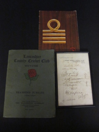 A sheet of Oval Surrey County Cricket Club notepaper signed by  the 1926 side 7 1/2" x 5", together with a Lancashire County  Cricket Club souvenir 1924, a Quantas Captain's Club folder  signed by Colin Cowdray and various correspondence from Colin  Cowdray and a 1977 NCC Tour of Sri Lanka and Australia  signed card