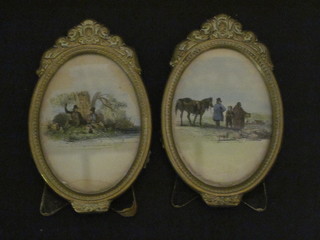2 18th Century style oval prints "Fishermen" and "Couple  Standing by a Horse", contained in gilt easel frames