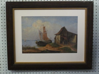 A 19th Century oil painting "Barge by a Building" 9" x 14"