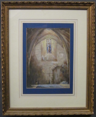 Watercolour "Church Interior with Vaulted Ceiling and Stained Glass Window" 11 1/2" x 8"
