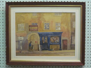 J Eaton, watercolour "Street Scene with Antique Shop" 11" x  15"
